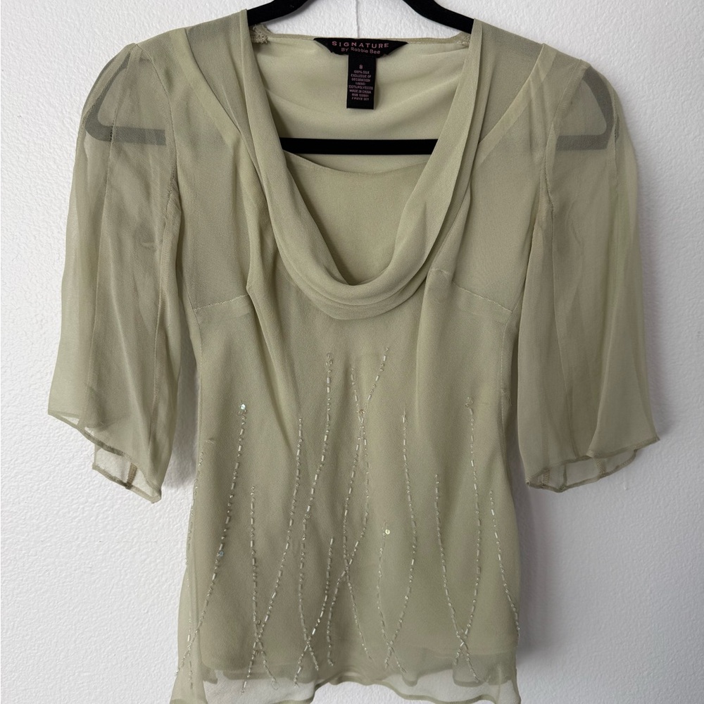 Signature by Robbie Bee Olive Sheer Cowl-Neck Blouse with Sequin Stripes